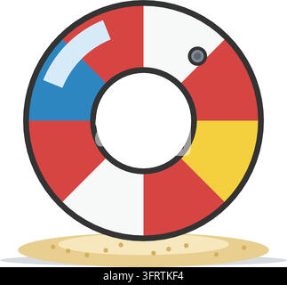 Flache Vektorillustration eines aufblasbaren Schwimmrings mit roten, weißen, blauen und goldenen Streifen in Bonbonfarben, isoliert auf weißem Hintergrund. Stock Vektor