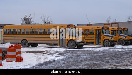 Toronto, Kanada – 9. Februar 2026: Gelbe Schulbusse, die an einem kalten Wintertag in einem verschneiten Depot neben orangefarbenen Verkehrsfässern geparkt sind. Stockfoto