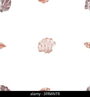 Aquarell-nahtloses Muster mit rosa und terrakottafarbenen Muscheln auf weißem Hintergrund. Minimales Küstendesign für Stoff, Tapete, Geschenkpapier Stockfoto