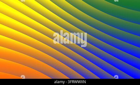 Abstrakter, mehrfarbiger Hintergrund mit gebogenen, welligen Streifen, die von Gelb und Orange zu Blau und Grün übergehen – 3D-Illustration Stockfoto