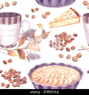 Aquarell nahtloses Muster aus Kaffeebohnen, gestreifter Keramiktasse, Tortenstück, getrockneten Distelzweigen und ganzer Torte, warme gemütliche Küchenkomposition Stockfoto