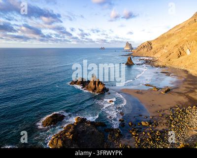 Ein einzelner Seeklotz durchbricht das Wasser, wo schwarzer Sand auf die Anaga-Klippen auf Teneriffa trifft. Eine saubere Einstellungsaufnahme des wildesten Teils der Insel Stockfoto