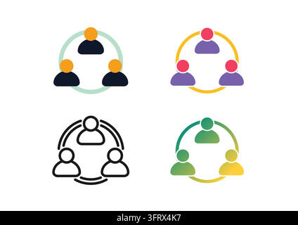 Bunte Sammlung von Teamwork- und Netzwerkverbindungs-Icons mit kreisförmigen Layouts und Personensymbolen. Erhältlich in flachem, umrissenem und glattem Gra Stock Vektor