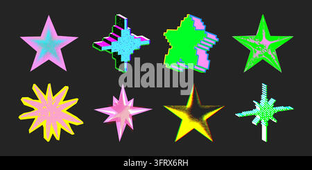 Lebendige Y2K-3D-Sternaufkleber mit Halbtontpunkten und Pixeleffekten. Retro-2000er-Ästhetik mit Chromglitzern, Neonfarbverläufen und kräftigen geometrischen Mustern für digitale Kunst. Vektor-Acid-Isolier-Set. Stock Vektor