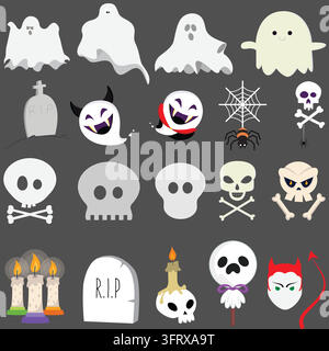 Niedliche Geister, Schädel, Kerzen und Grabstein-Symbole auf dunklem Hintergrund Stock Vektor