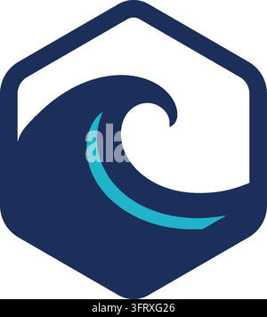Flache Illustration eines dunklen marineblauen sechseckigen Emblems, das eine lockige Meereswelle mit einem hellen aquamarinen Innenakzent enthält Stock Vektor
