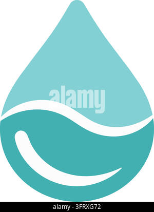 Flache Illustration eines hohen aquamarinen Wassertropfens, der eine glatte blaugrüne Welle mit einem weißen gebogenen Band in der Mitte enthält Stock Vektor