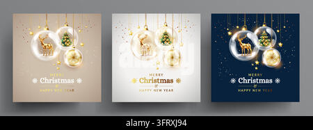 Weihnachtskarten-Vorlagen-Set in luxuriösen Gold-, Weiß- und Blautönen - Vektorillustration Stock Vektor