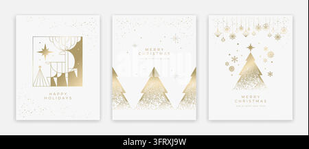 Luxus-Weihnachtskarten-Vorlagen-Set – goldene und weiße fabelhafte Hintergründe mit Weihnachtsbaum, Rentier, Verzierungen, Stern, Winterlandschaft – Vektor-min Stock Vektor