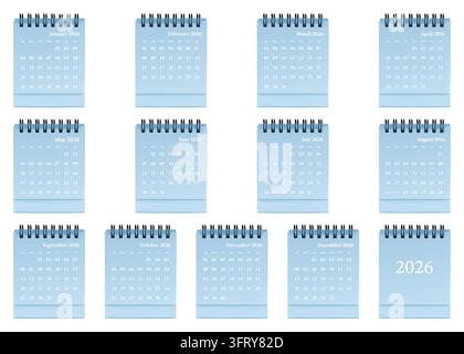 Blaue Desktop-Kalendervorlage mit klarem Rasterlayout, spiralgebundene Planervorlage mit Monatsseiten für die Organisation im Jahr 2026 Stockfoto