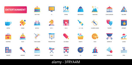 Farbenfrohe Unterhaltungs- und Freizeit-Symbole mit Essen, Spielen, Reisen, Musik, Kino und Outdoor-Spaß für Lifestyle- und Freizeit-Themen, Gradient-FlachIcons-Set, Vektorillustration Stock Vektor