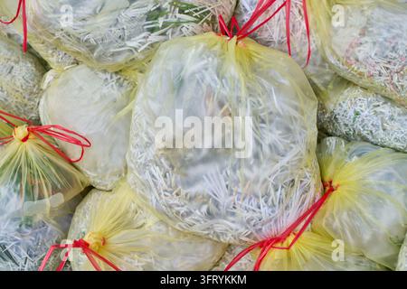 Datensicherheit und Dokumentenvernichtung, zerrissenes Papier in gelben Plastiktüten verpackt für das Recycling in Karlsruhe, Deutschland. Vertrauliche Informationen dis Stockfoto