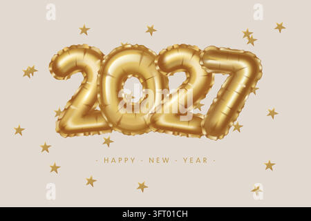 2027 Goldene Ballonnummern, Neujahrsgrüße. Vektorillustration im realistischen 3D-Stil. Stock Vektor