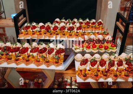 Verschiedene Gourmet-Canapés und herzhafte Fingerfood auf einem Catering-Buffet-Tisch Stockfoto