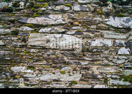 Ansicht einer verwitterten Steinmauer mit Moos und Flechten in Bodinnick, England, Vereinigtes Königreich. Stockfoto