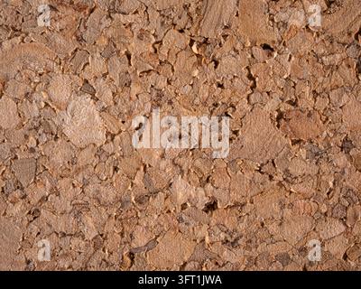 Nahaufnahme Texturrückgrund einer rauen, komprimierten Holzkorkplattenoberfläche Stockfoto