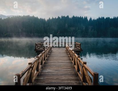 Hölzerner Steg, der in den Savsat Karagol See in Artvin, Türkei, hineinreicht, mit Morgennebel über dem Wasser und einem dichten Tannenwald am gegenüberliegenden Ufer Stockfoto