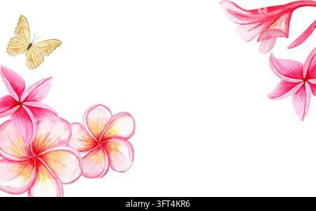 Handgemalter Aquarell-Blumenrahmen mit rosa Plumeria-Blüten, ein gelber Schmetterling. Tropische botanische Bordüre mit weißem Kopierraum für Einladungen Stockfoto