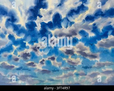 Wolkenhauter Panorama auf blauem Aquarellhintergrund Stockfoto