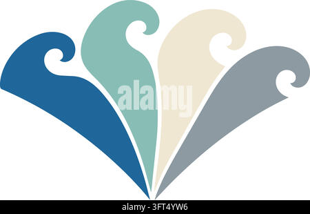Flache Illustration von vier stilisierten Wellenkämmen in dunklem Blauton, Minzcreme und Grau, angeordnet in einer symmetrischen Fächerkomposition Stock Vektor