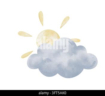 Handgemaltes Aquarell-Sonnenslicht, teilweise bedeckt von weichen graublauen Wolken mit hellgelben Strahlen, niedliche teilweise bewölkte Wetterillustration isoliert auf Weiß Stockfoto