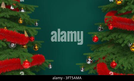 Weihnachtsbaumrahmen-Hintergrund mit roten Lametta und Verzierungen auf dunklem grünen Raum - 3D-Rendering Stockfoto