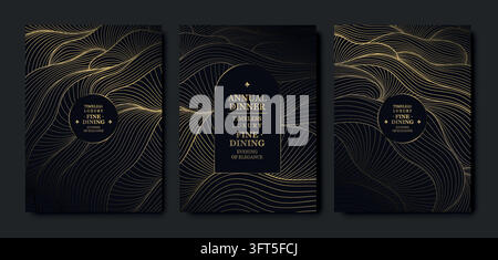Eleganter goldener abstrakter Hintergrund mit geometrischen Mustern, Premium-Linien, raffiniertem Rahmen. Art-déco-wellige Gala-Einladungen, VIP-Event-Karten, Business Stock Vektor