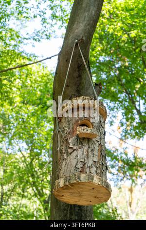 Vogelhaus aus Holz, das an einem Baum im Wald hängt. Stockfoto