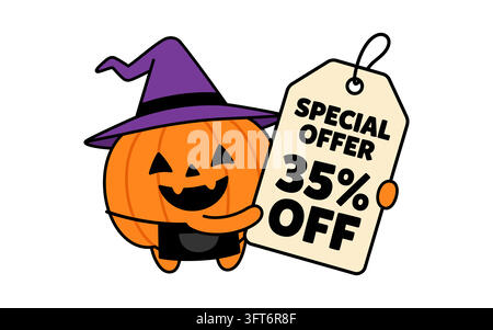 Süßer Halloween-Kürbis mit einem 35-Prozent-Rabatt-Preisschild, isoliert auf transparentem Hintergrund Stock Vektor