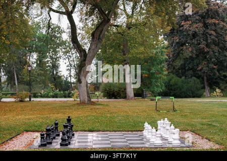 Ansicht eines großen Schachsets aus Kunststoff mit großen schwarzen und weißen Figuren, die auf einem karierten Brett in einem ruhigen öffentlichen Park mit grünem Gras und g Stockfoto