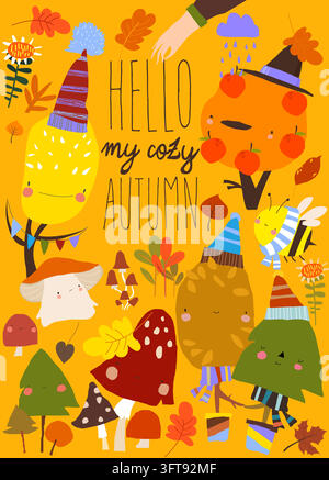 Cartoon Herbst Süße Bäume und Pflanzen Stock Vektor