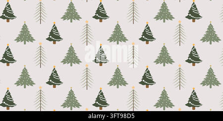 Nahtlose Mustervektoren mit Weihnachtsbäumen, Schneeflocken und Sternelementen. Elegante wiederholte Winterhintergrundtextur für Feiertags-Wallpaper Stock Vektor