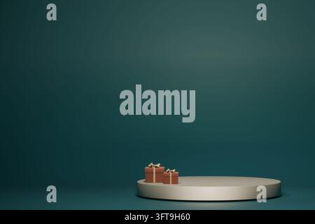 3D-Rendering eines runden Display-Podest mit zwei roten Geschenkkisten auf dunklem grünem Hintergrund Stockfoto