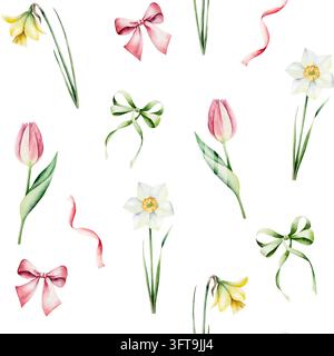 Aquarell-Frühlingsmuster ohne Ende mit Tulpen, Narzissen und Osterglocken. Handgezeichneter botanischer Hintergrund mit Schleifenbändern für Feiertagsgeschenke Stockfoto