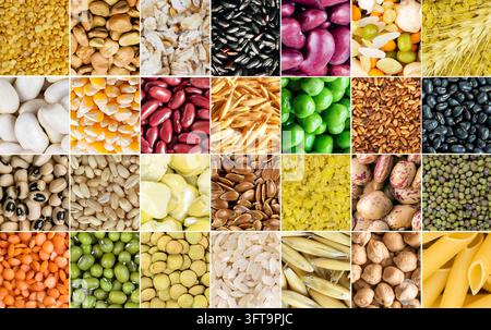 Naturrohe Mischung aus Hülsenfrüchten als Lebensmittel-Collage Stockfoto