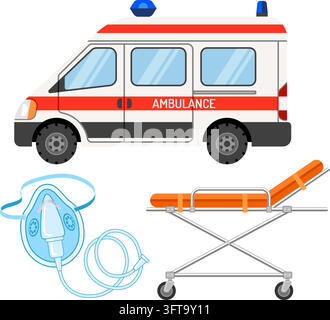 Notfall-Rettungskonzept mit flachen Symbolen für Trage, Sauerstoffmaske und Auto. Isolierte Vektorillustration Stock Vektor