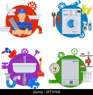 Sanitär service Banner Installation, Reparatur und Reinigung mit Klempner, Werkzeuge, Geräte, Klempner Schraubenschlüssel. flat style Icons. isolierte Vector Illustration Stock Vektor