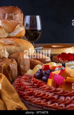 Nahaufnahme eines üppigen Gourmet-Buffets mit einem Charcuterie-Platten im Vordergrund, auf dem ordentlich gefaltete Scheiben Schinken und Salami sowie Würfel von gelbem Käse zu sehen sind Stockfoto