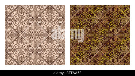 Royales Retro-Boho-nahtloses Muster-Set. Zwei linienbohämische endlose Hintergründe in Beige, Braun und Goldfarben. Vintage-abstrakte Drucke. Vintage-Luxus Stock Vektor