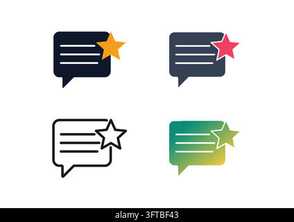 Satz von Kundenbewertungs- und Feedback-Symbolen mit einem Sprechblasen- Emblem mit Sternbewertung, das Kundenzeugnisse, Benutzerbewertungen und Zufriedenheit darstellt Stock Vektor