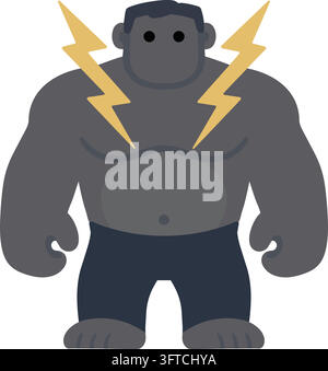 Flache Illustration eines starken grauen Gorillas mit breiten Schultern, dunklen Shorts und gelben Blitzakzenten hinter dem Oberkörper Stock Vektor