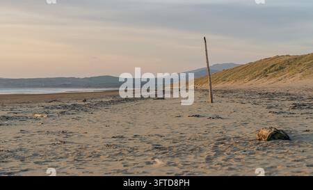 Ein ruhiger Sandstrand mit einem einzelnen Holzpfosten und sanften Dünen im weichen Abendlicht in der Nähe von Harlech an der walisischen Küste. Minimalistische Küstenlandschaft Stockfoto