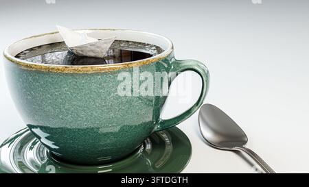 Origami-Papierboot, das auf schwarzem Kaffee in einer Vintage-Keramiktasse segelt, 3D-Illustration Stockfoto