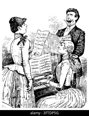Menschen, die singen und Klavier spielen, häusliche Musikaufführung, Gruppenporträt, weißer Hintergrund, Holzschnitt aus dem 19. Jahrhundert. Stockfoto