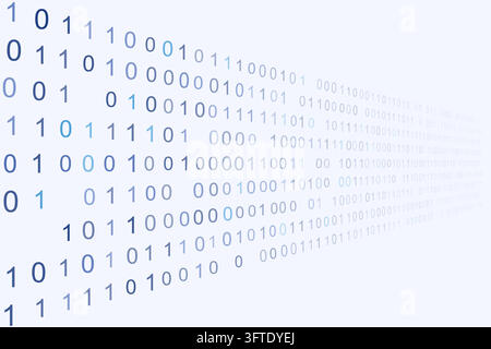 Abstrakter Binärcode-Digitaldatenfluss-Hintergrund mit blauen cyanfarbenen Zahlen und futuristischem Technologie-Muster auf Weiß Stock Vektor