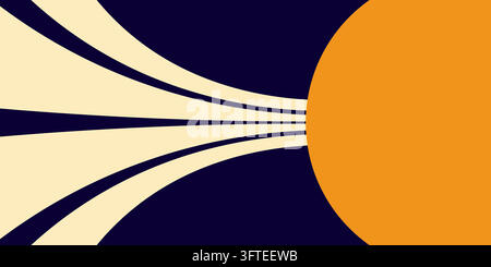 Kühne Kurven strahlen von einem warmen orangen Kreis aus. Dunkelblauer Hintergrund kontrastiert mit cremefarbenen Highlights. Geometrische Linien suggerieren Bewegung oder Energie. Stock Vektor