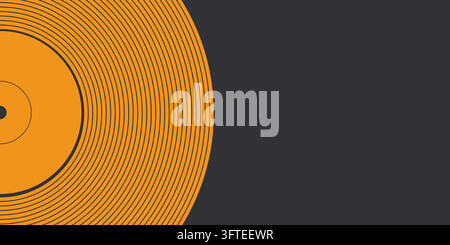 Lebendiger Vinyl-Schallplatte auf dunklem Hintergrund. Kräftige orangefarbene Rillen kontrastieren mit tiefgrauem Raum. Modernes Design erinnert an Musik, Nostalgie, Kultur. Stock Vektor