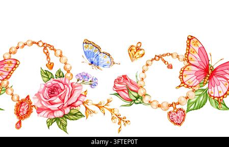 Aquarellmuster, rosa Rosen blühen neben goldenem Perlenschmuck. Schmetterlinge flattern in der Nähe von Herzen und Perlen. Stockfoto
