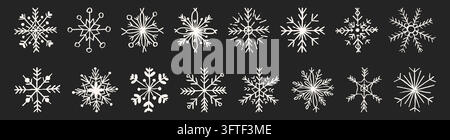 Satz von Buntstift-Schneeflocken isoliert auf schwarzem Hintergrund. Vektor-Doodle-Illustration von handgezeichneten Winter-Symbolen für verspielte Feiertagsmuster, Kreidestücke mit Pastellwirbeln für Weihnachtsposter Stock Vektor