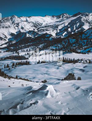 Schneebedeckte Hügel, immergrüne Wälder und ferne schneebedeckte Berge unter einem klaren blauen Himmel Stockfoto